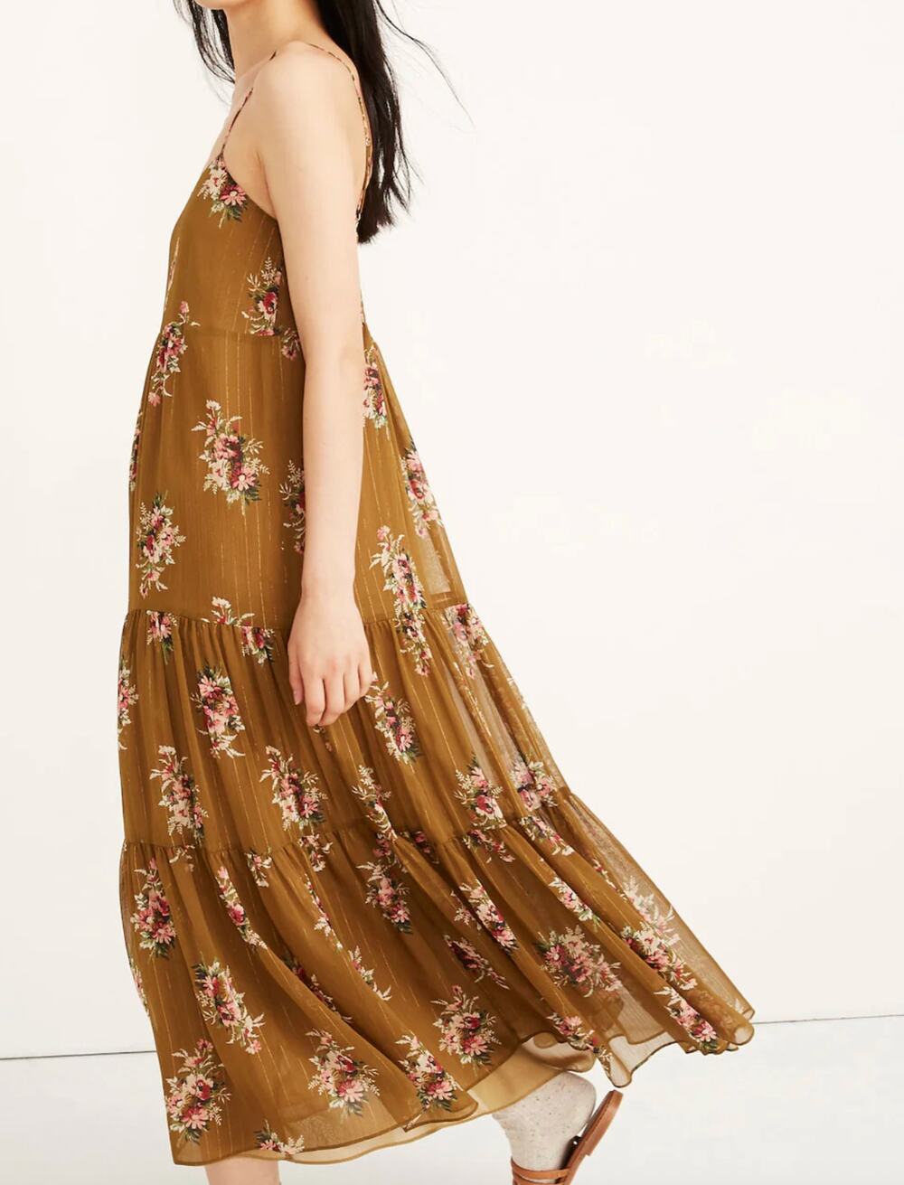 Madewell Cami Tiered Midi Dress Metallic Classic Corsage Floral Size 6 Boho
